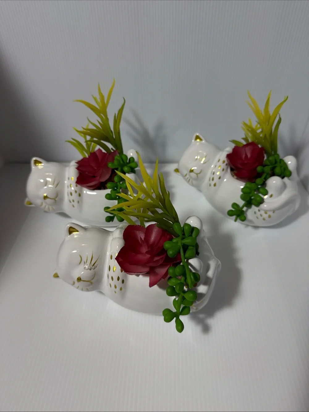Modern Expressions White Ceramic Cat Planter w/ Faux Succulents